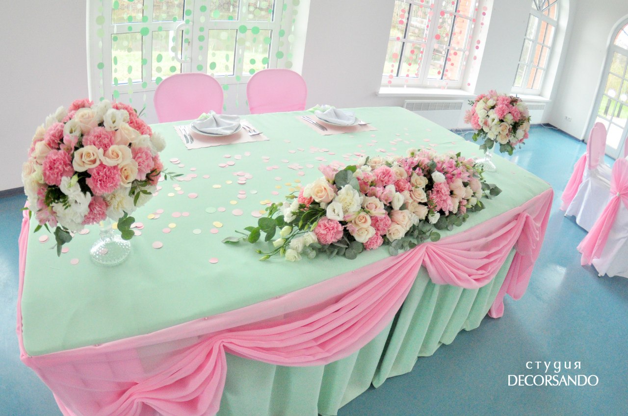 Розово мятное украшение свадебного зала