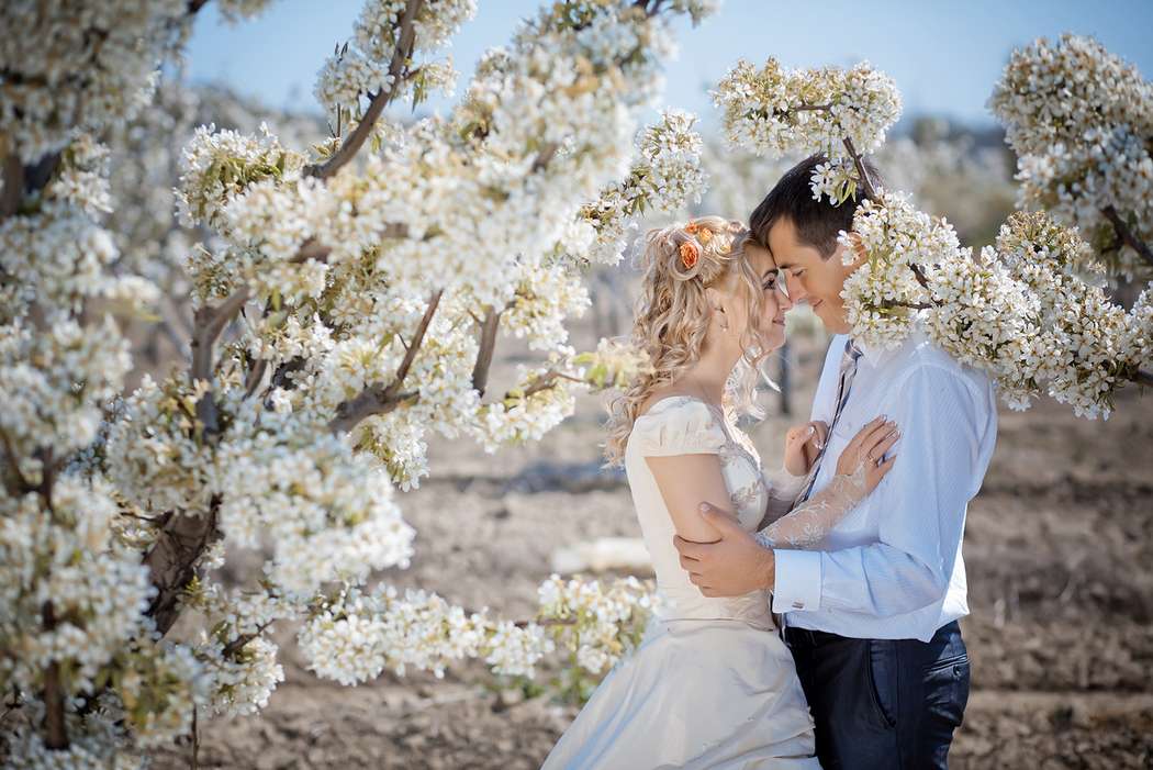 Жених и невеста, прислонившись друг к другу, стоят на фоне цветущих деревьев - фото 3092897 Фото-видеостудия "Вега"
