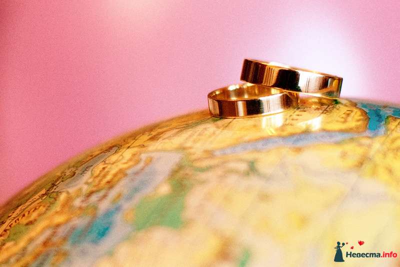Золотые обручальные кольца, выполненные в классическом стиле, на фоне глобуса. - фото 121076 Невеста01