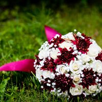 Букет невесты из бордовых астр и белых роз