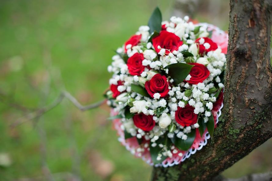 Букет невесты из красных роз и белой гипсофилы, декорированный красным и белым кружевом  - фото 2012370 Юлия Захаренко фотограф