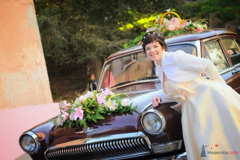 "Волга"цвета бордо , украшенная экибанами и кольцами на крыше, на фоне зелени парка и невесты. - фото 57667 Солнышонок