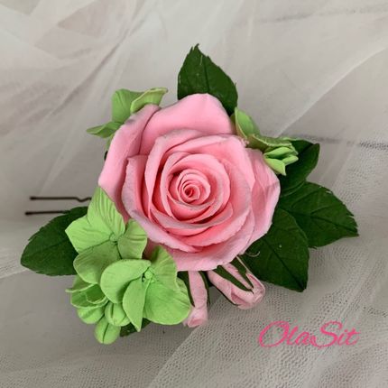 Шпилька с цветами роза и гортензия зеленая