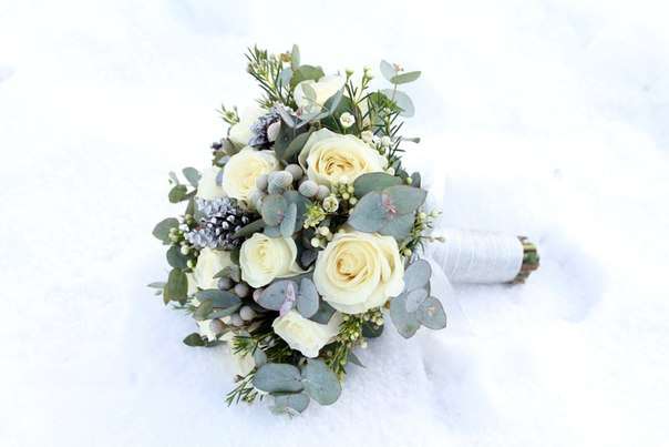 Зимний букет невесты из белых роз и хамелациума, серой брунии и зеленого эвкалипта, декорированный белой атласной лентой и шишками - фото 2482385 nafanbka